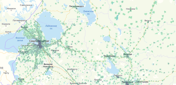 Зона покрытия МТС на карте Курск 